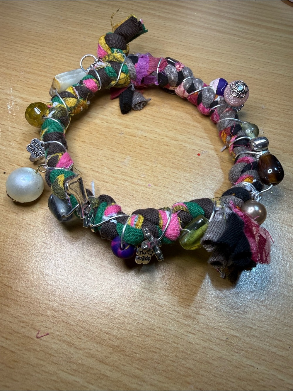 Handmade Multicolor Fabric Wrap Bracelet with Charms